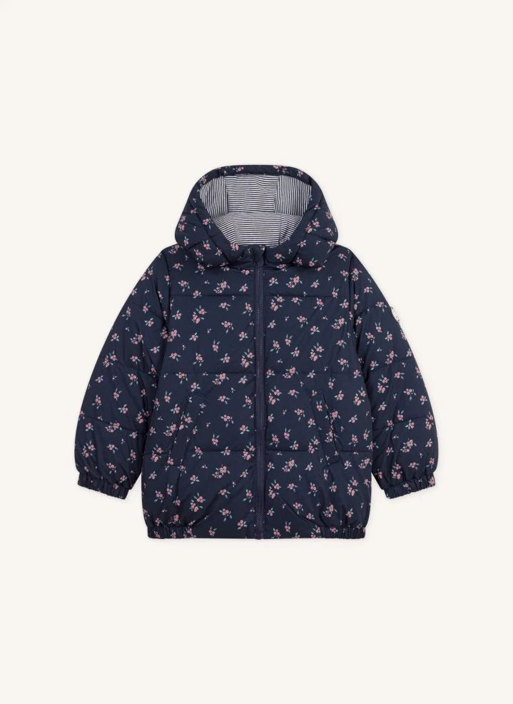 Petit Bateau - جاكيت مبطن بغطاء رأس بنقشة زهور | كحلي