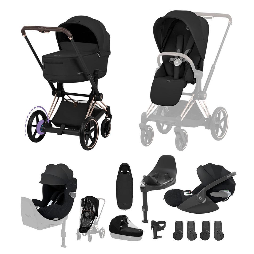 Cybex e-Priam Ultimate Birth & Beyond Bundle - Comfort Collection-Travel Systems-Sepia Black/Rose Gold-With Base | Natural Baby Shower