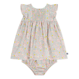 Petit Bateau - Organik pamuklu çiçek desenli elbise ve bloomer seti | Gri mavi