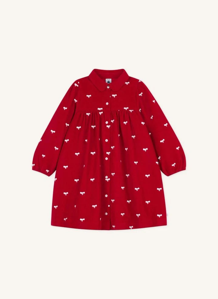 Petit Bateau - فستان مخملي بعقدة من القطن العضوي | أحمر