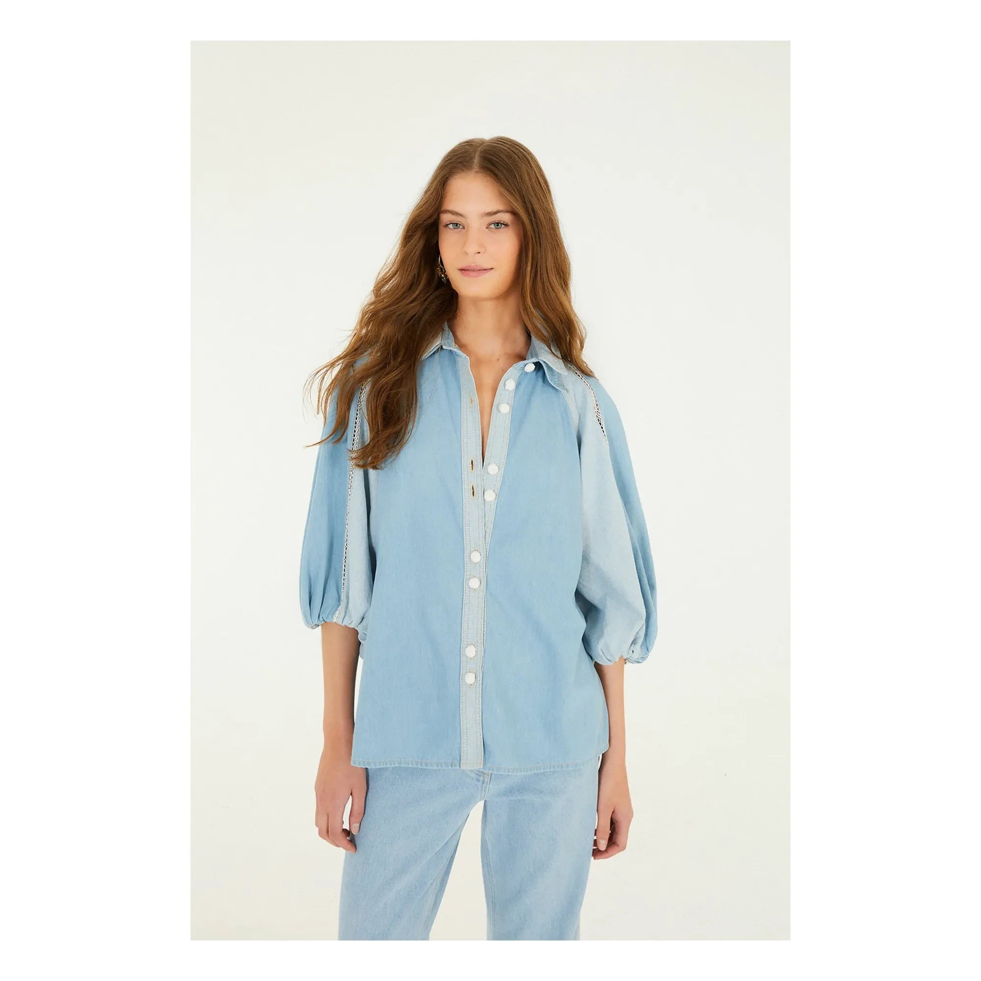 Farm Rio - İki Renkli Denim Bluz | Mavi