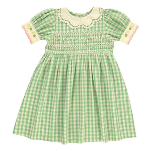 Bebe Organic - Tilia Kareler Smock Elbise | Soluk yeşil