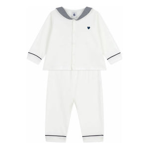 Petit Bateau - بيجامة قطنية عضوية بياقة مخططة | أبيض