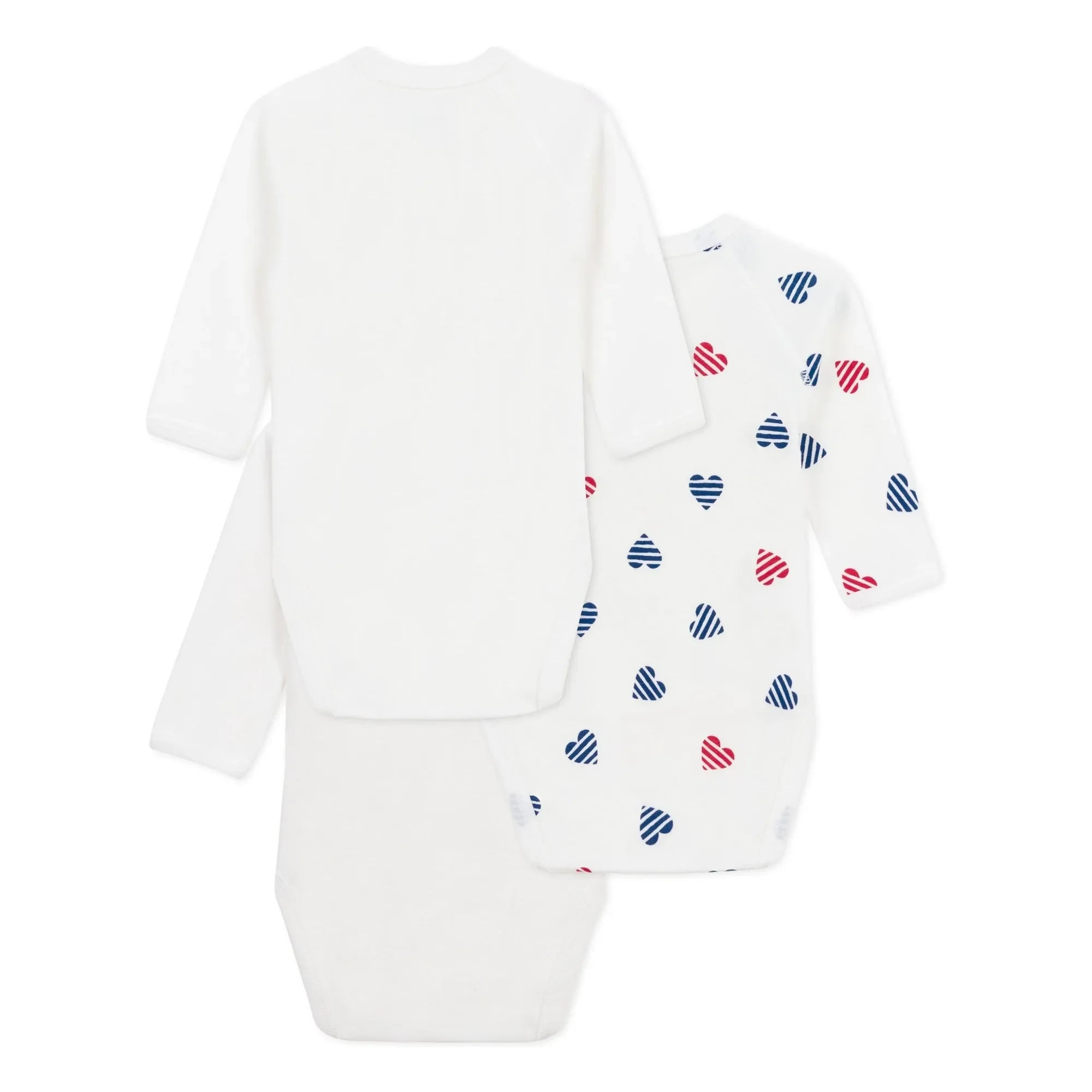Petit Bateau - 3'lü Çizgili Kalp Organik Pamuk Bebek Body Seti | Ecru
