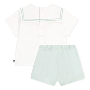 Petit Bateau - Lacivert yakalı üst ve keten şort takımı | Sage