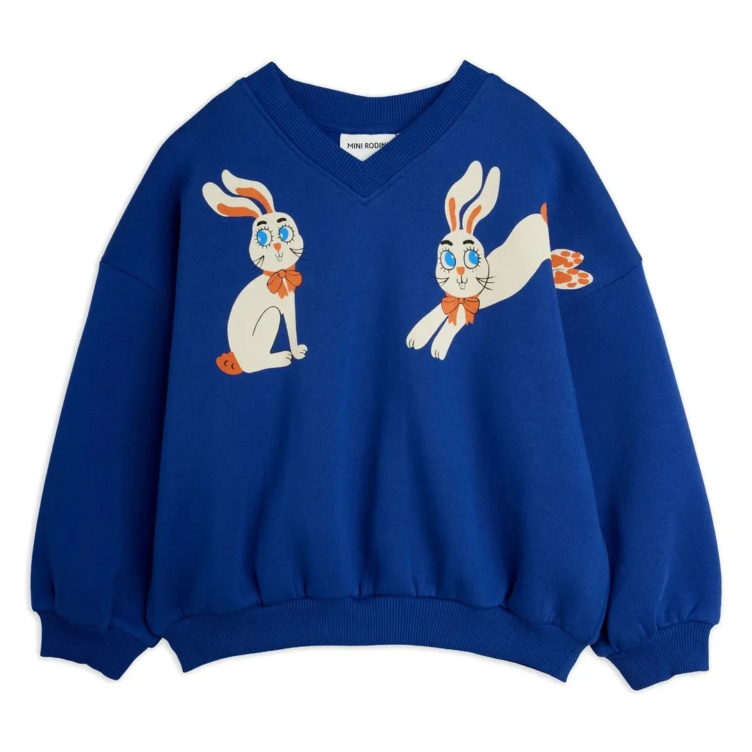 Mini Rodini - سويتشيرت بياقة V Rabbits قطن عضوي | أزرق