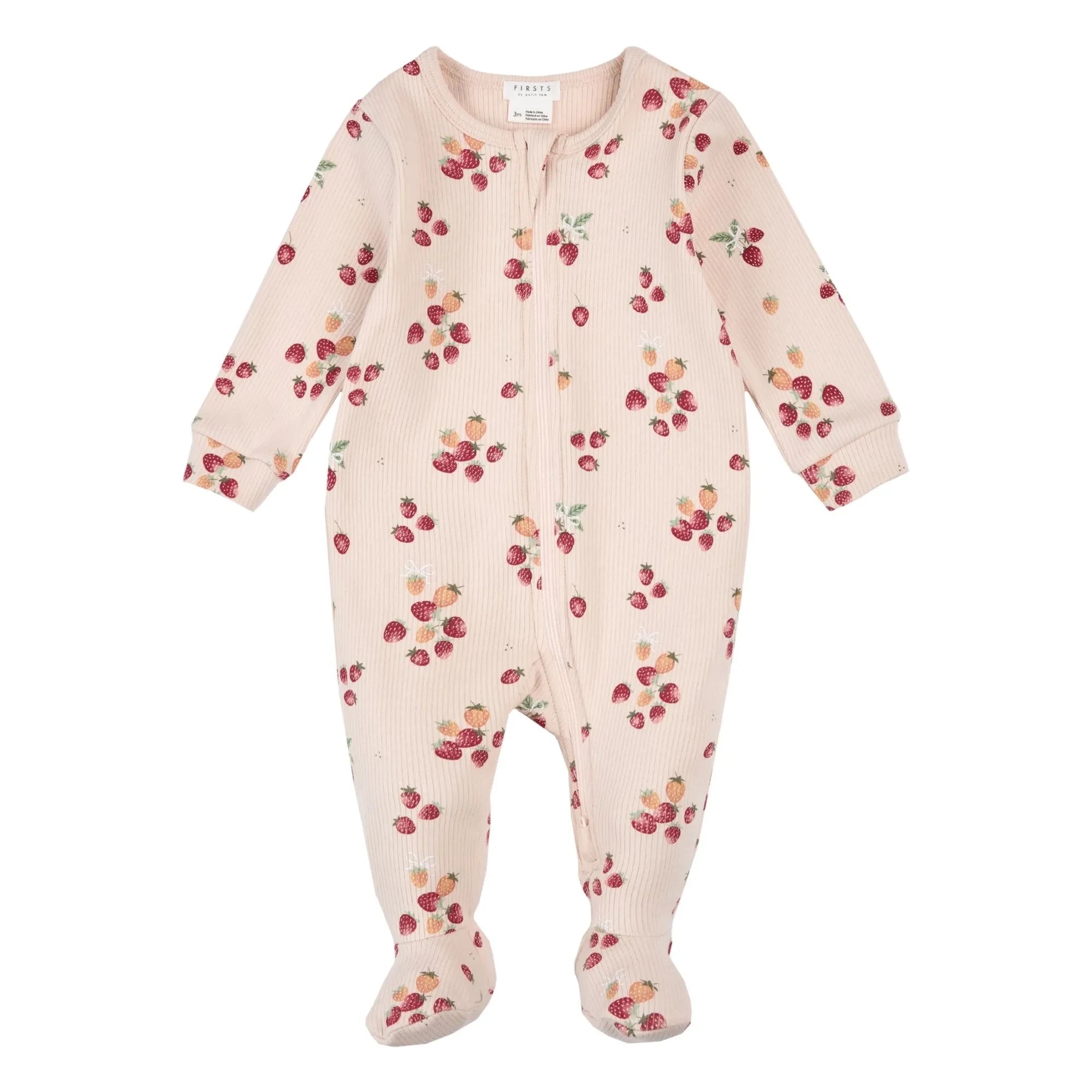 Petit Lem - Ayaklı Pijama Çilek Ribana Organik Pamuk | Pembe