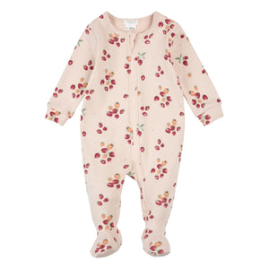 Petit Lem - Ayaklı Pijama Çilek Ribana Organik Pamuk | Pembe