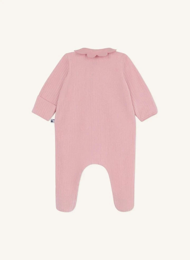 Petit Bateau - Dors Bien بيجامة قطنية عضوية بياقة بكشكش ونقش بارز | وردي