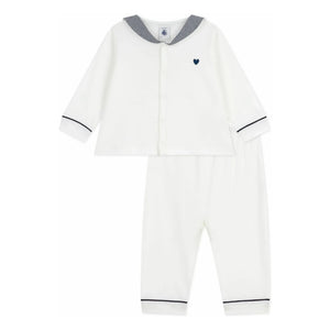 Petit Bateau - بيجامة قطنية عضوية بياقة مخططة | أبيض