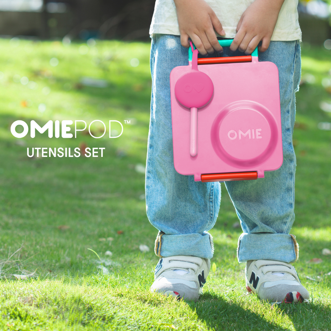 Omiebox - مجموعة شوكة وملعقة من السيليكون باللون الوردي البالوني OmiePod