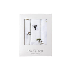 Rosa & Blue Muslin Squares - Safari - 3 Pack-Muslin Squares-Safari- | Natural Baby Shower