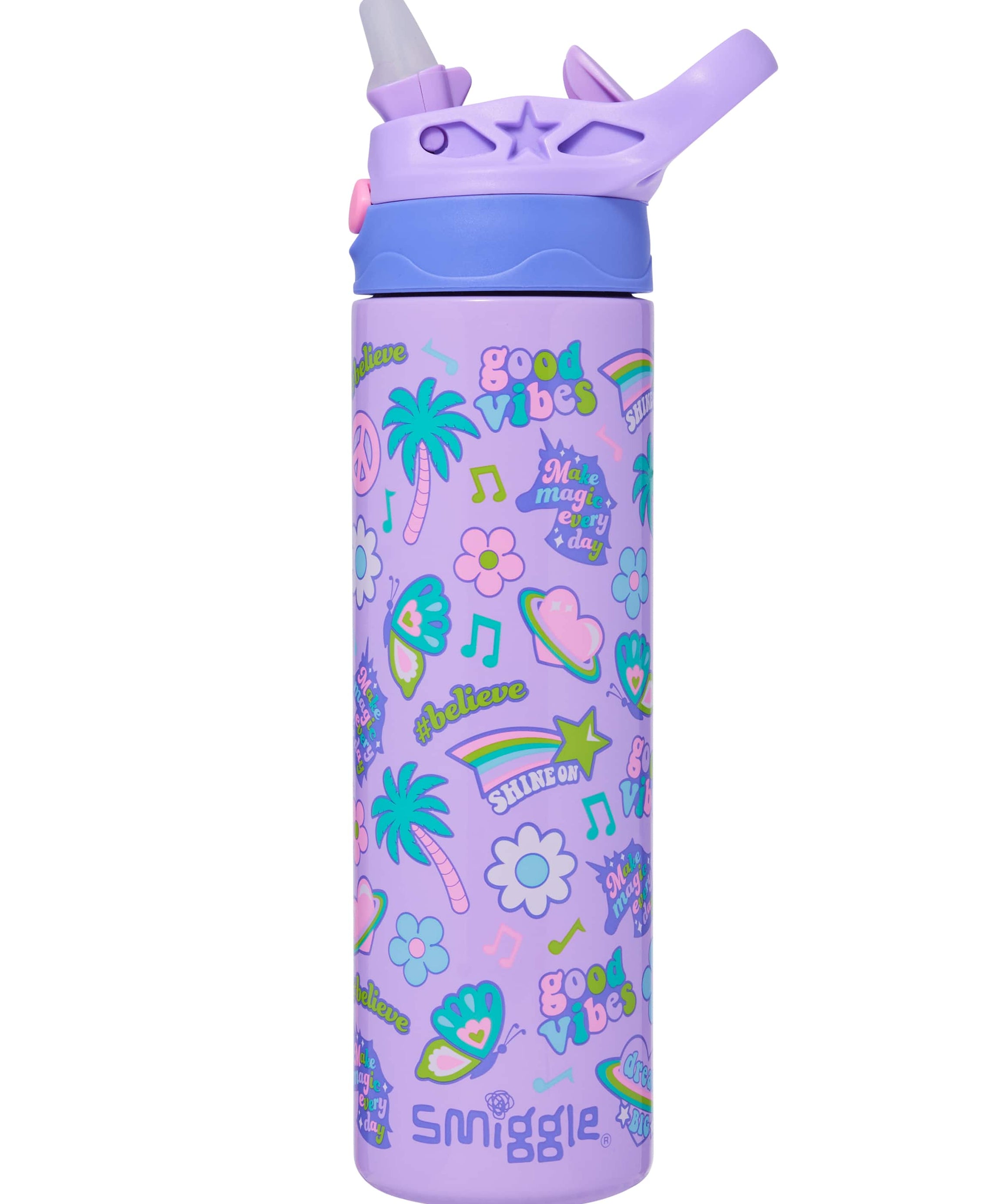 Smiggle - جميع النجوم 520ML زجاجة فولاذية غير لامعة أوتوماتيكية مع مصاصة مخفية