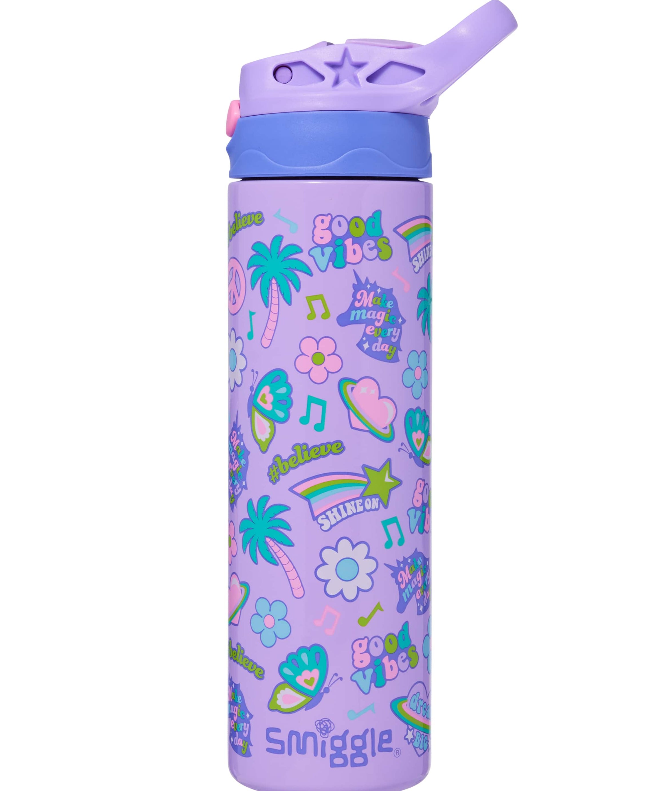 Smiggle - جميع النجوم 520ML زجاجة فولاذية غير لامعة أوتوماتيكية مع مصاصة مخفية