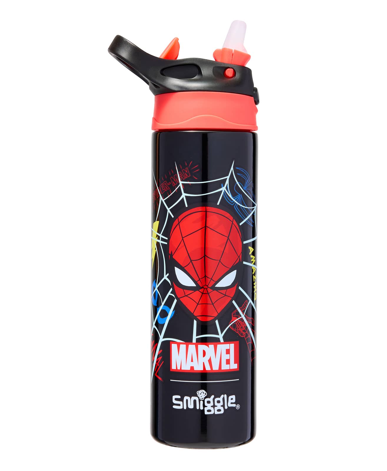 Smiggle - مارفل سبايدرمان زجاجة ماء 650ML أوتوماتيكية مع مصاصة خالية من BPA