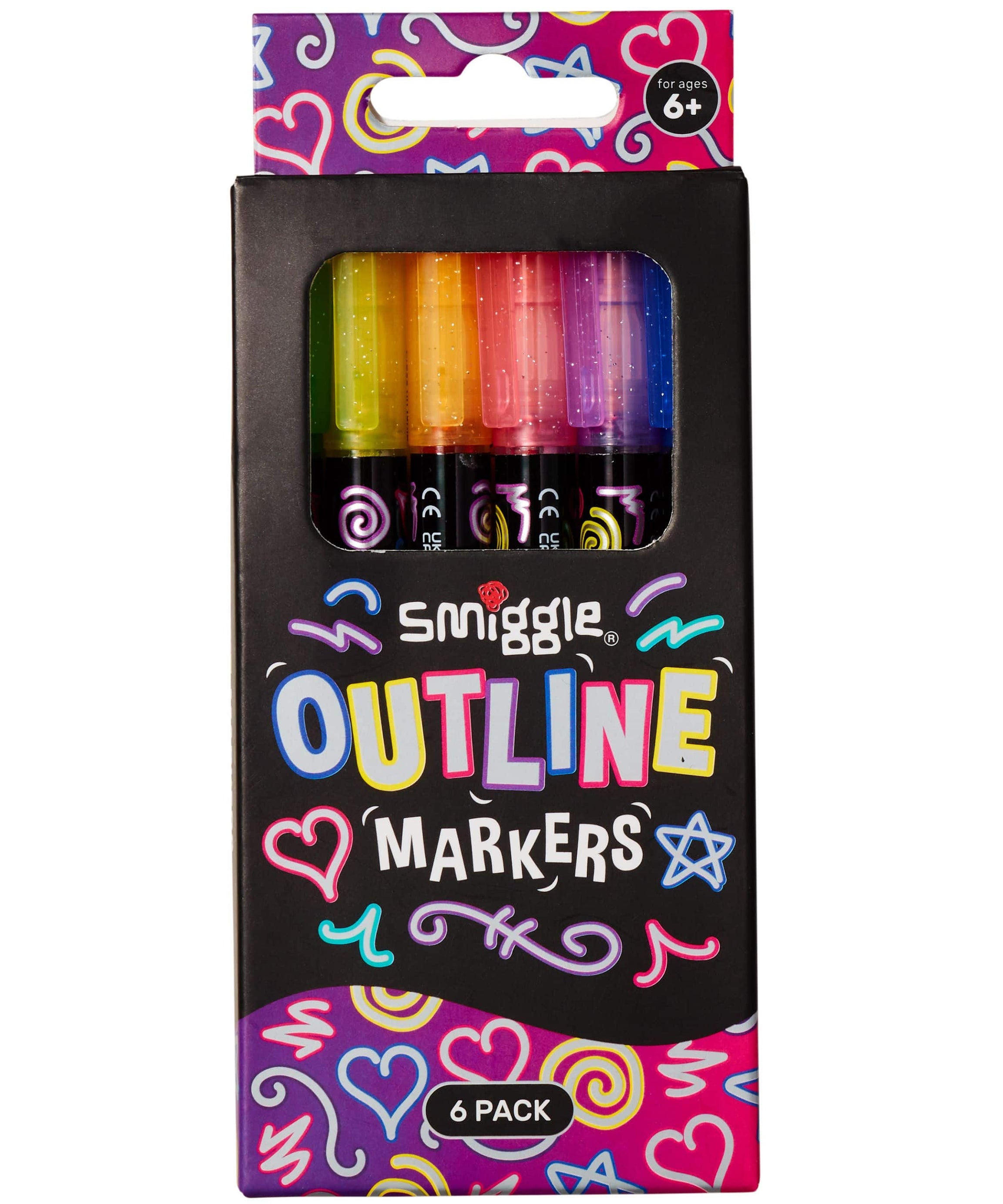 Smiggle - محدد خارجي فضي لامع مع قلم تمييز قابل للطي مجموعة 6 أقلام