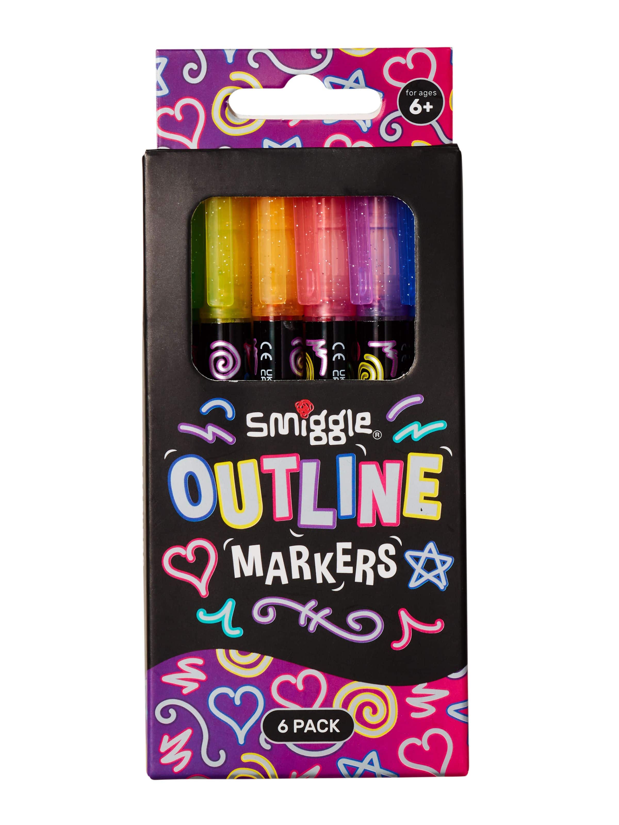 Smiggle - محدد خارجي فضي لامع مع قلم تمييز قابل للطي مجموعة 6 أقلام