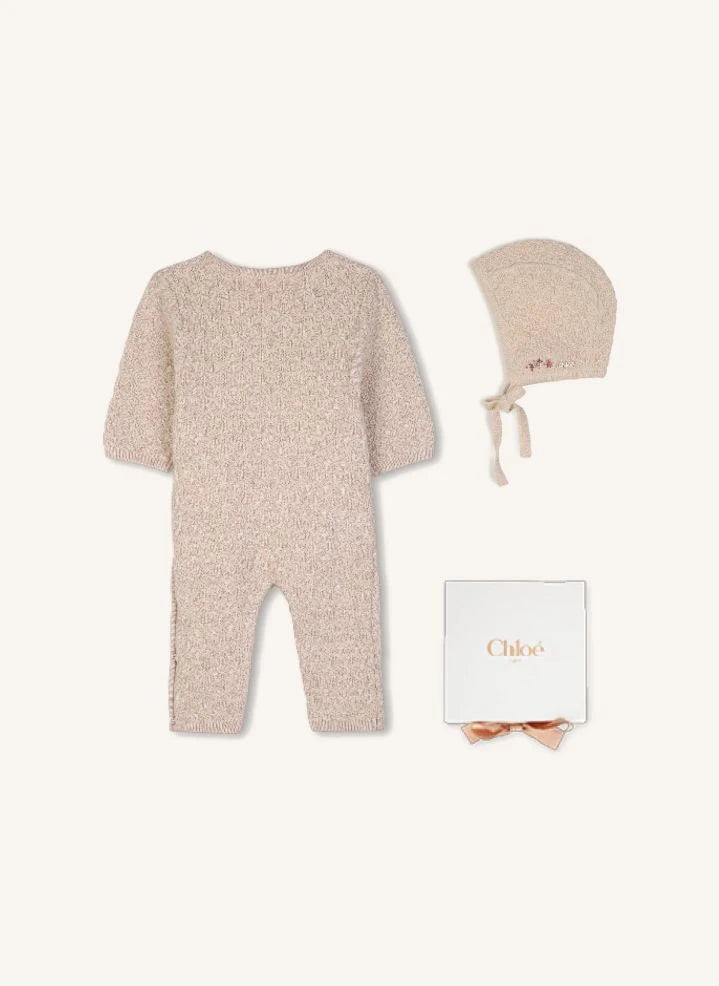 Chloé - Organik pamuklu bone ve tulum seti | Şeftali