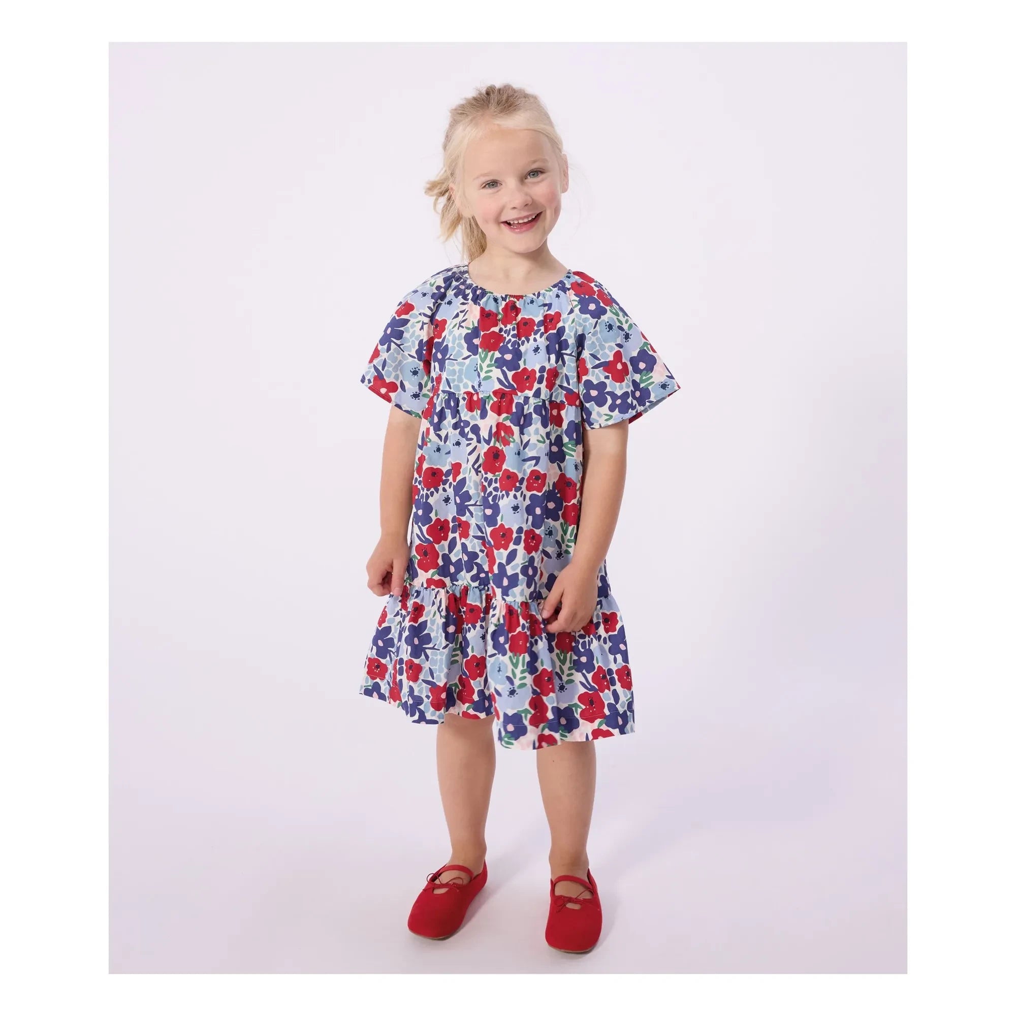 Petit Bateau - Organik Pamuk Poplin Çiçekli Elbise | Mavi