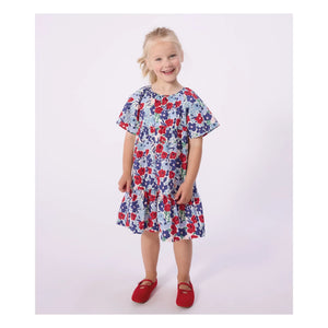 Petit Bateau - Organik Pamuk Poplin Çiçekli Elbise | Mavi