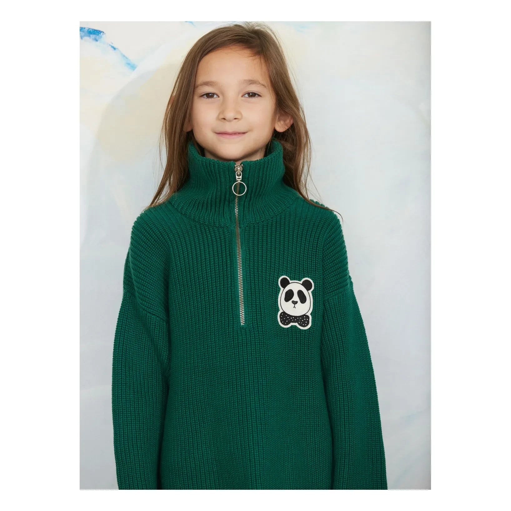 Mini Rodini - Panda Organik Pamuklu Fermuarlı Kazak | Yeşil