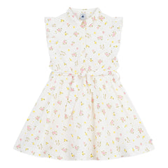Petit Bateau - Kolsuz Çiçek Desenli Organik Pamuk Elbise | Beyaz