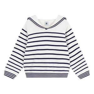 Petit Bateau - Organik pamuklu çizgili bisiklet yaka kazak | Beyaz