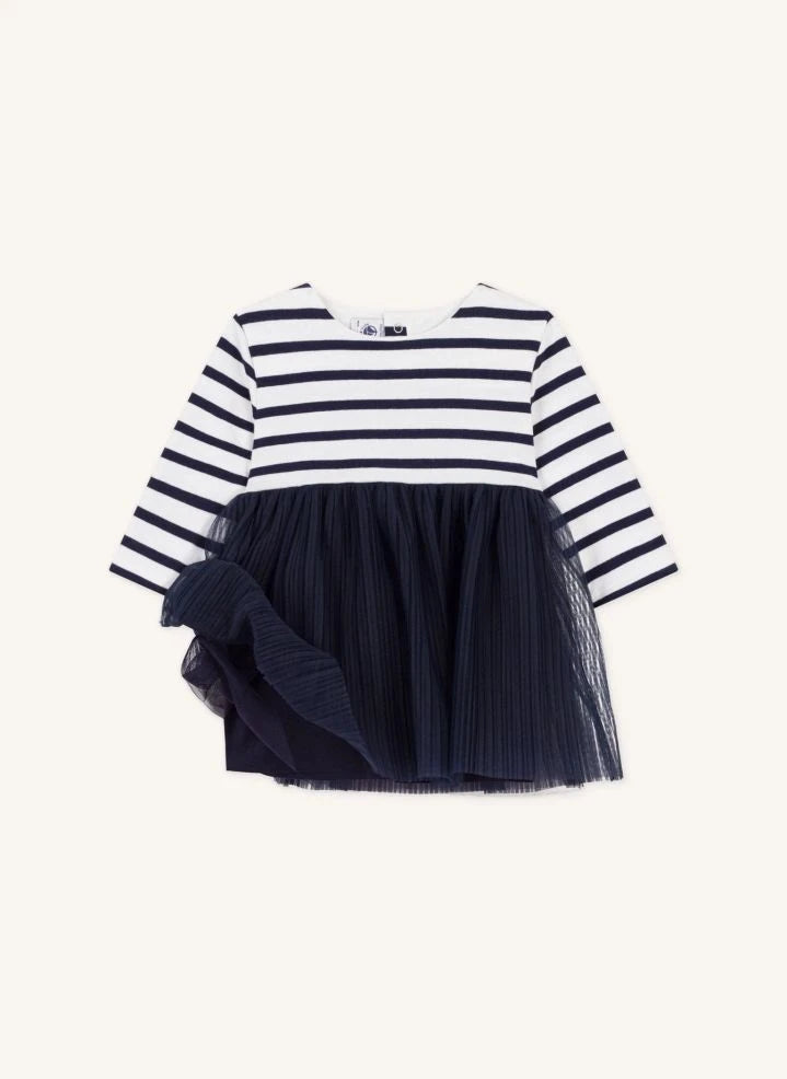 Petit Bateau - Çizgili Tül Bebek Elbisesi | Lacivert