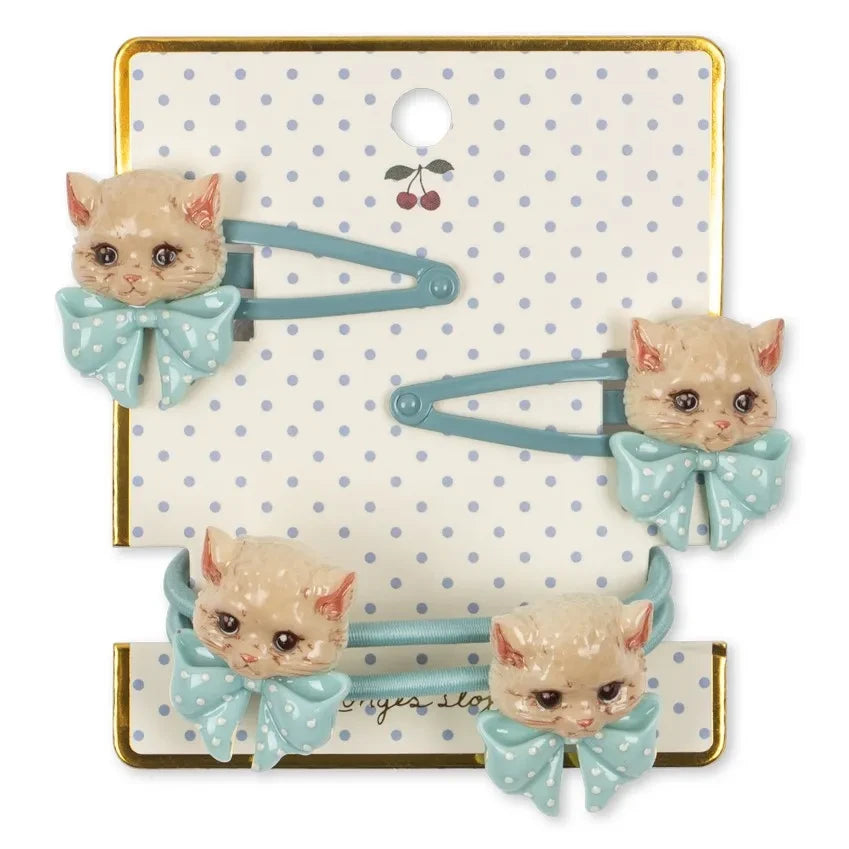 Konges Sløjd - Kedi Temalı Saç Tokası ve Scrunchie Seti | Mavi