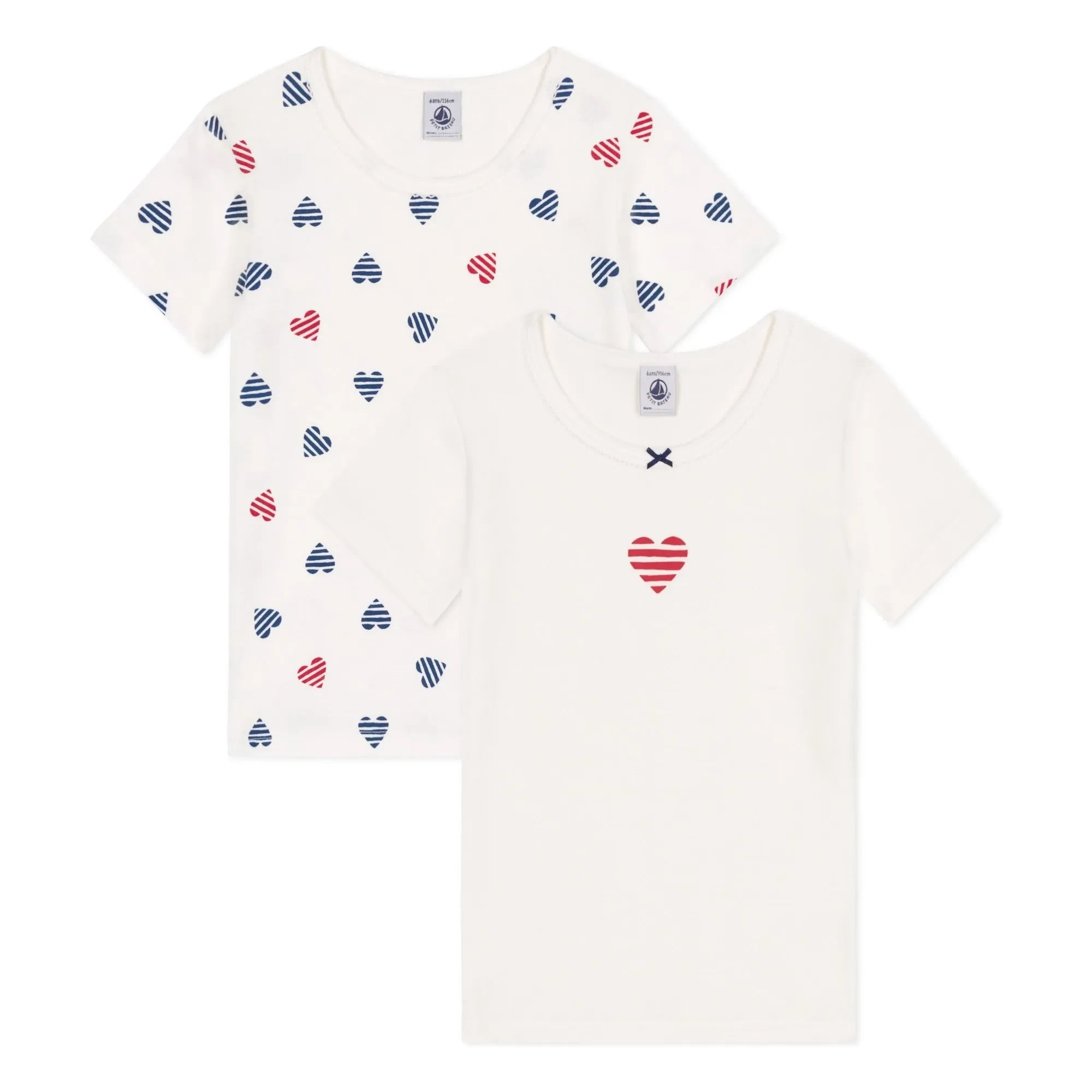 Petit Bateau - 2'li Çizgili Kalp Organik Pamuklu Tişört Seti | Beyaz