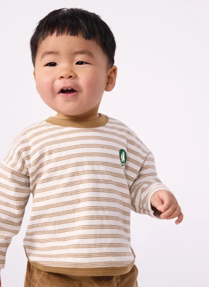Petit Bateau - Çizgili Rozetli Organik Pamuk Bebek Tişörtü | Bej