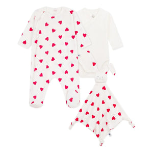 Petit Bateau - 3 Parça Pijama Tulum ve Sevimli Kalpler Hediye Seti | Beyaz