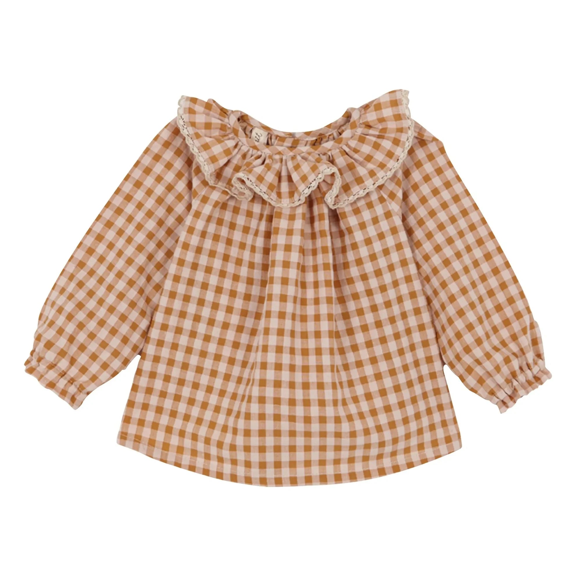 birinit - Organik pamuklu Vichy bluz ve bloomer seti | Karamel