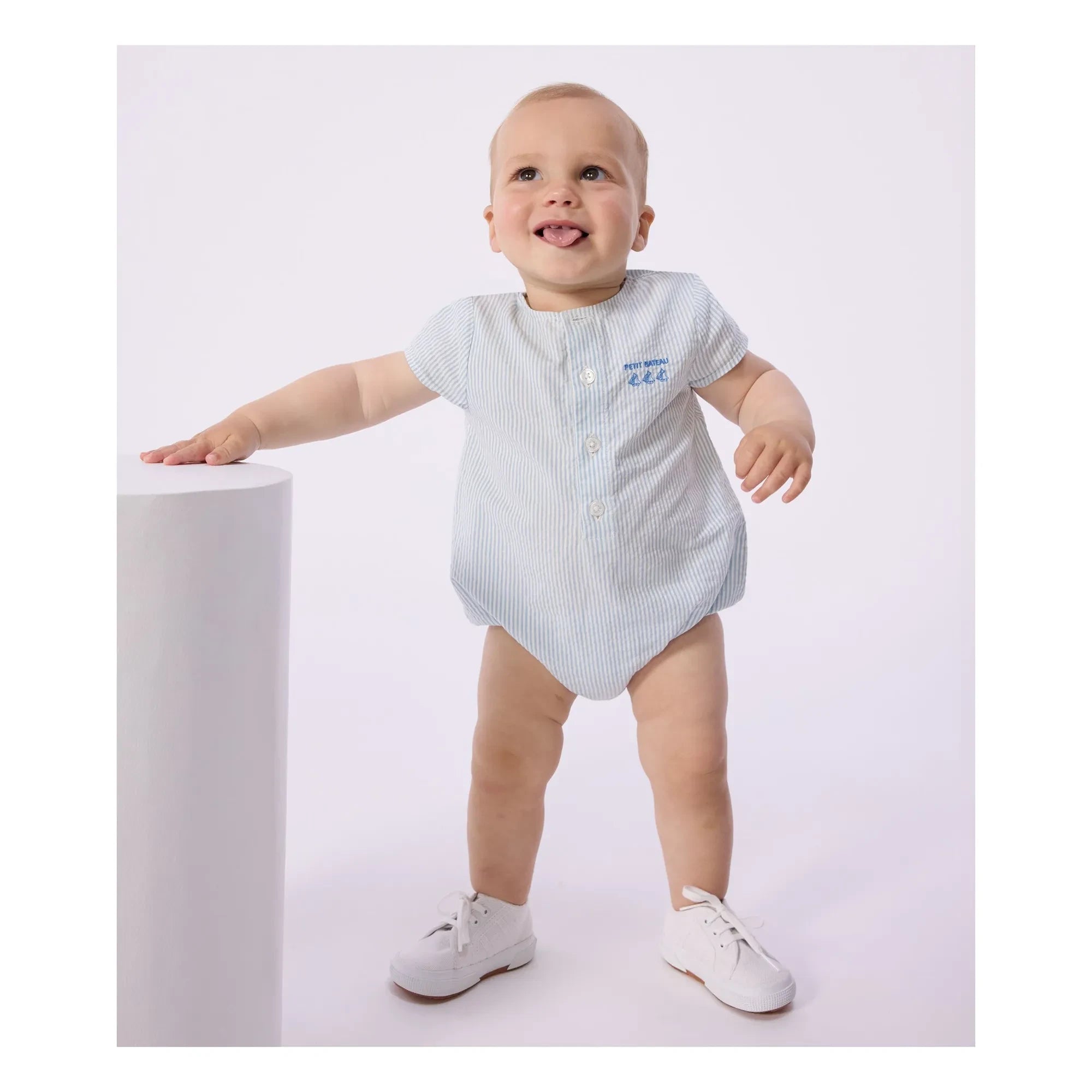 Petit Bateau - Çizgili Seersucker Organik Pamuk tulum | Açık Mavi