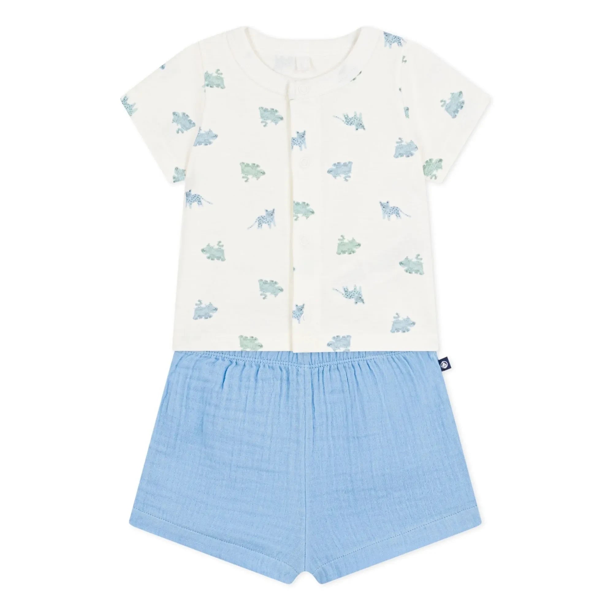 Petit Bateau - Organik Pamuk Gazlı Hayvan Desenli Gömlek ve Şort Takımı | Mavi