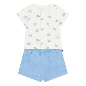 Petit Bateau - Organik Pamuk Gazlı Hayvan Desenli Gömlek ve Şort Takımı | Mavi