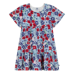 Petit Bateau - Organik Pamuk Poplin Çiçekli Elbise | Mavi