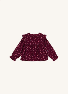 Petit Bateau - بلوز مخملي من القطن العضوي بنقشة أزهار وكشكش | بوردو