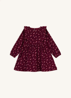 Petit Bateau - فستان كشكش مزين بالزهور من قماش قطني-كتاني عضوي | بوردو