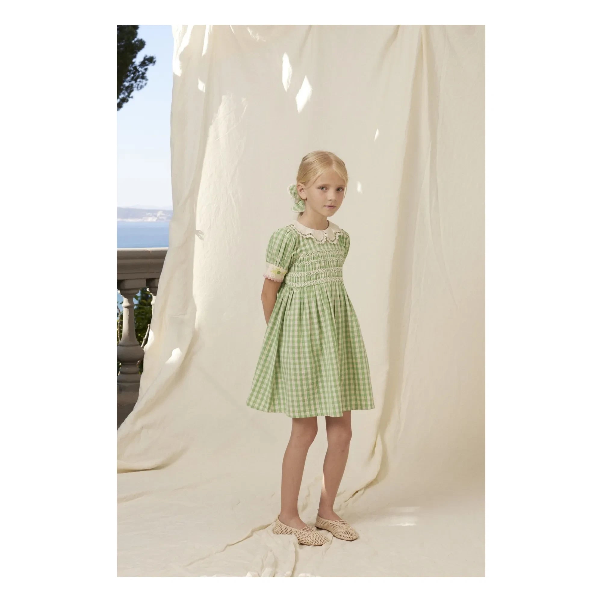 Bebe Organic - Tilia Kareler Smock Elbise | Soluk yeşil