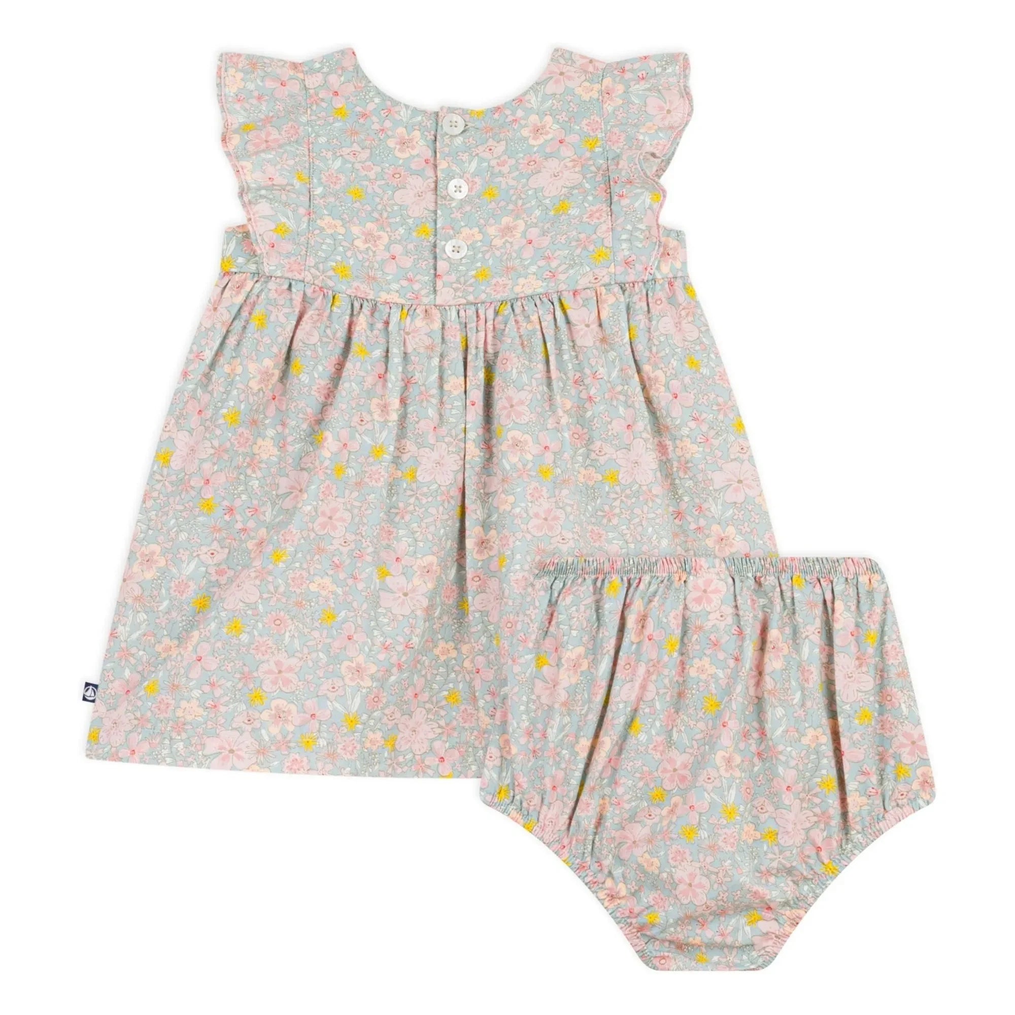 Petit Bateau - Organik pamuklu çiçek desenli elbise ve bloomer seti | Gri mavi