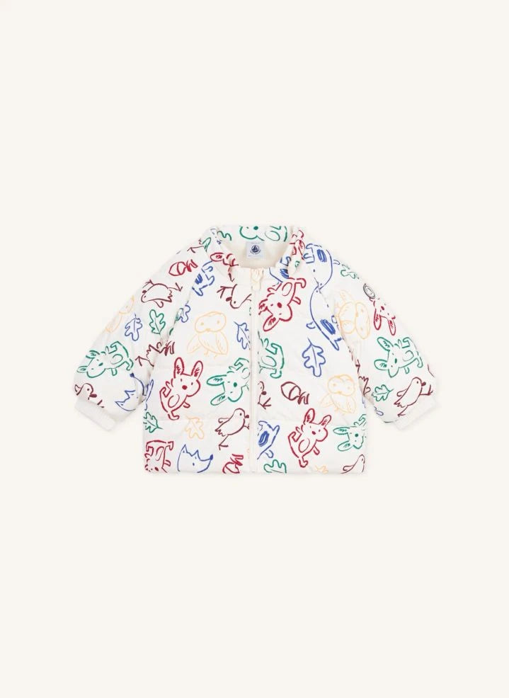 Petit Bateau - معطف داون للأطفال بلون إكرو بنقشة حيوانات