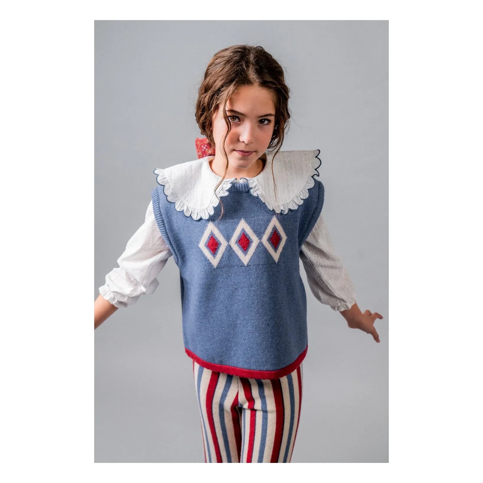 birinit - Kolsuz Argyle Merino Yün Kazak | Mavi
