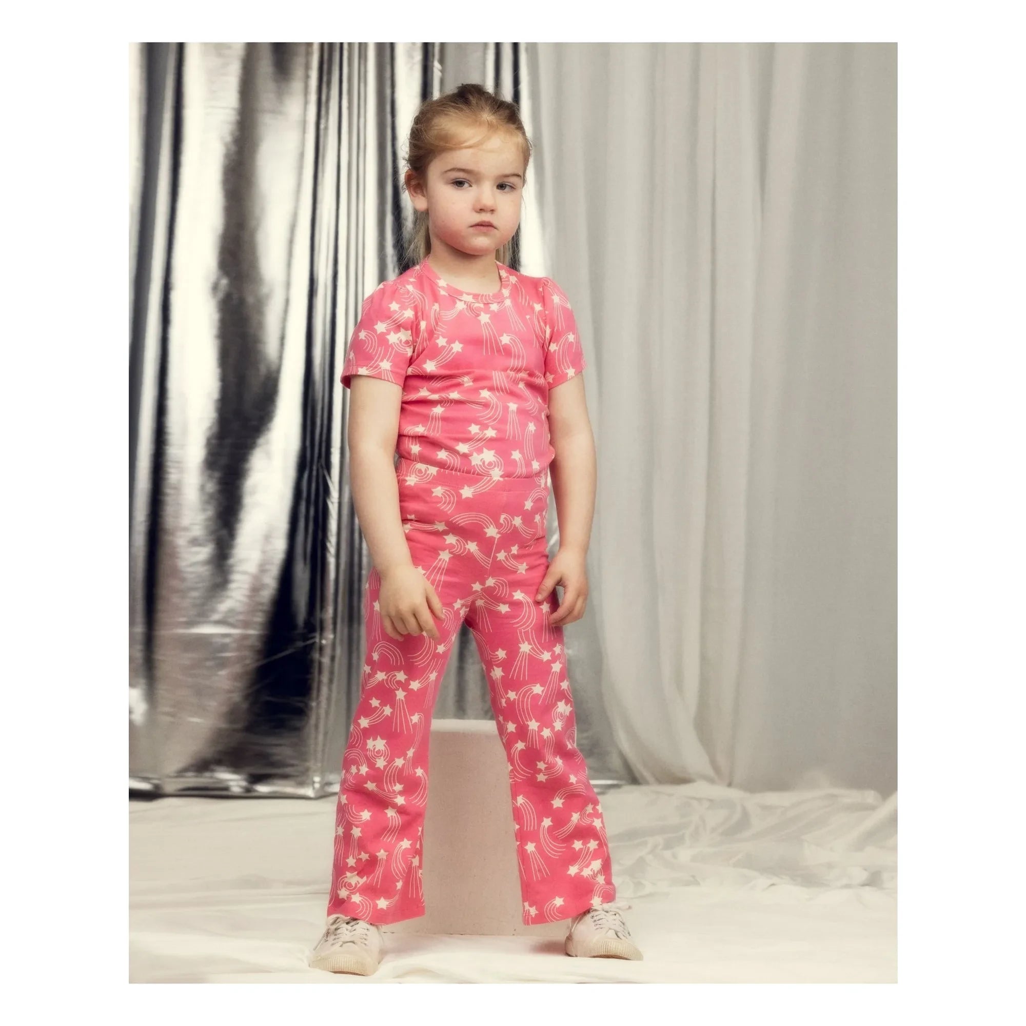 Mini Rodini - Organik Pamuklu Yıldız Desenli İspanyol Paça Pantolon | Pembe