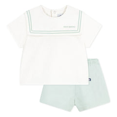 Petit Bateau - Lacivert yakalı üst ve keten şort takımı | Sage