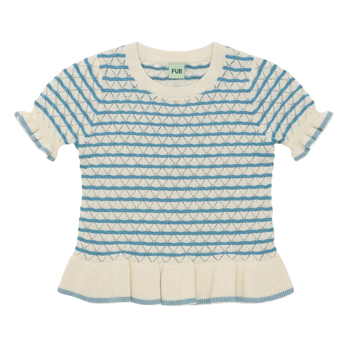 FUB - Pointelle organik pamuklu ince örgü T-shirt | Azure mavi