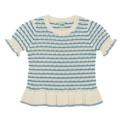 FUB - Pointelle organik pamuklu ince örgü T-shirt | Azure mavi
