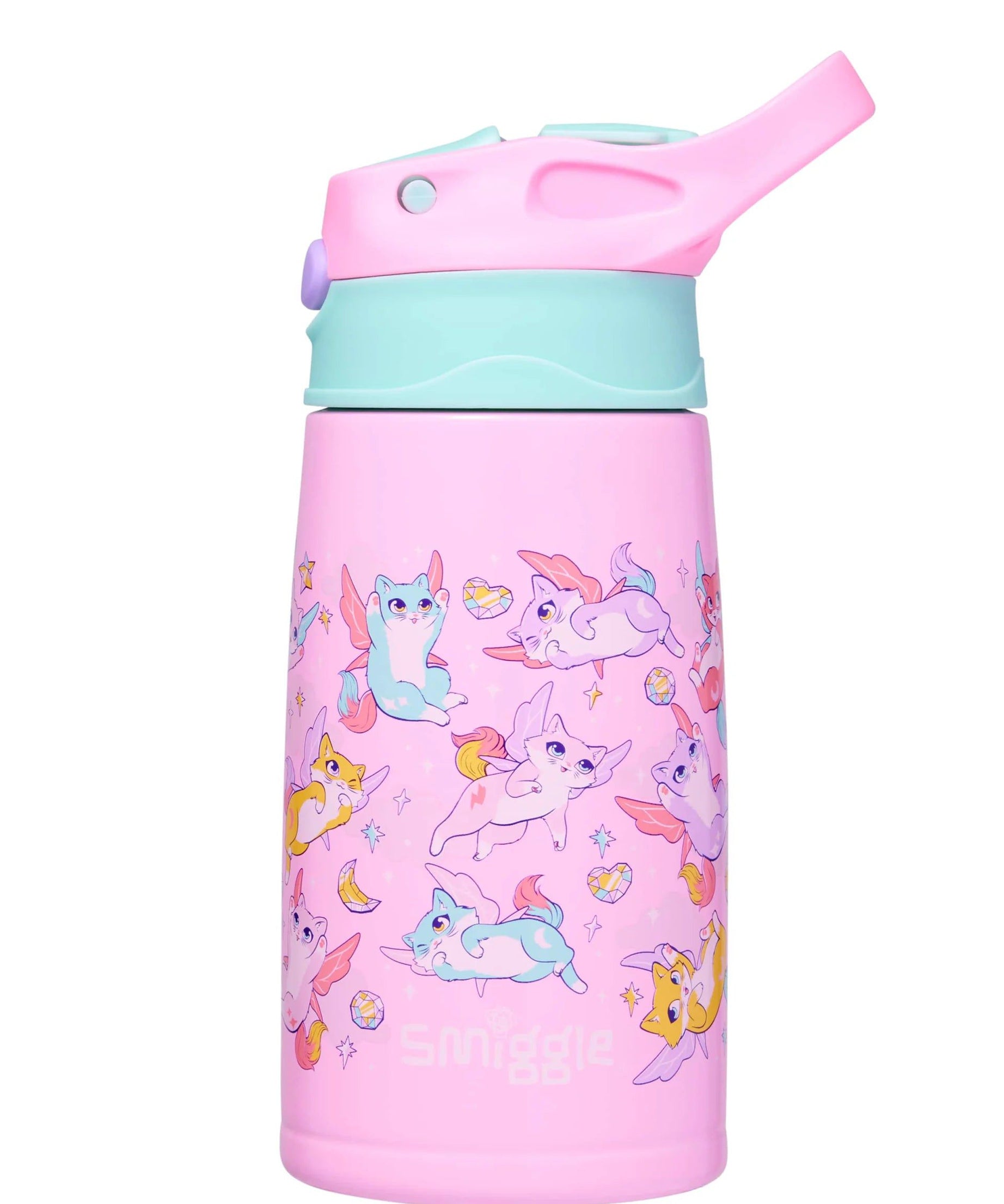 Smiggle - Happy Tales Çelik Otomatik Pipetli 400ML Matara-Dinossi