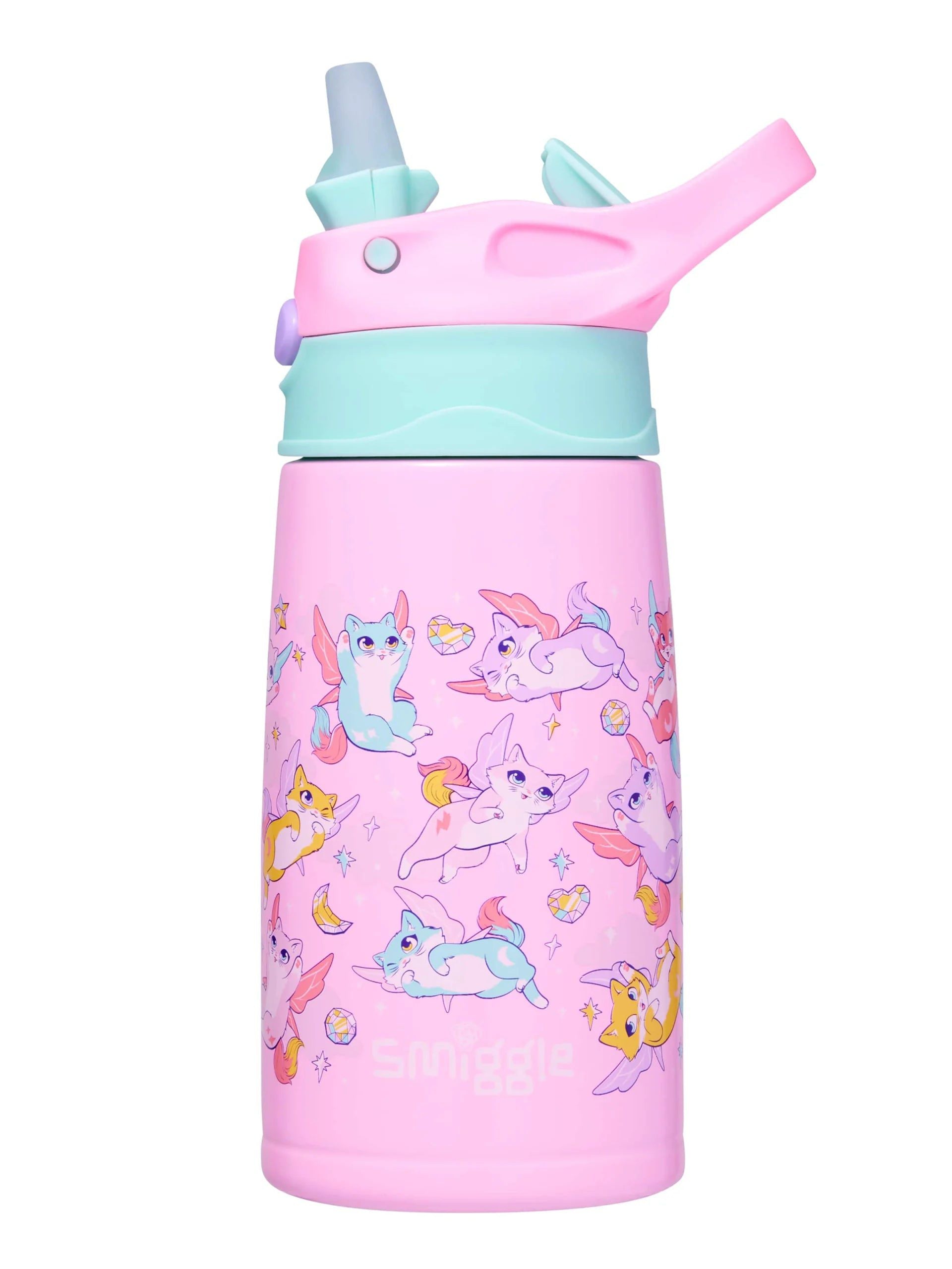 Smiggle - Happy Tales Çelik Otomatik Pipetli 400ML Matara-Dinossi