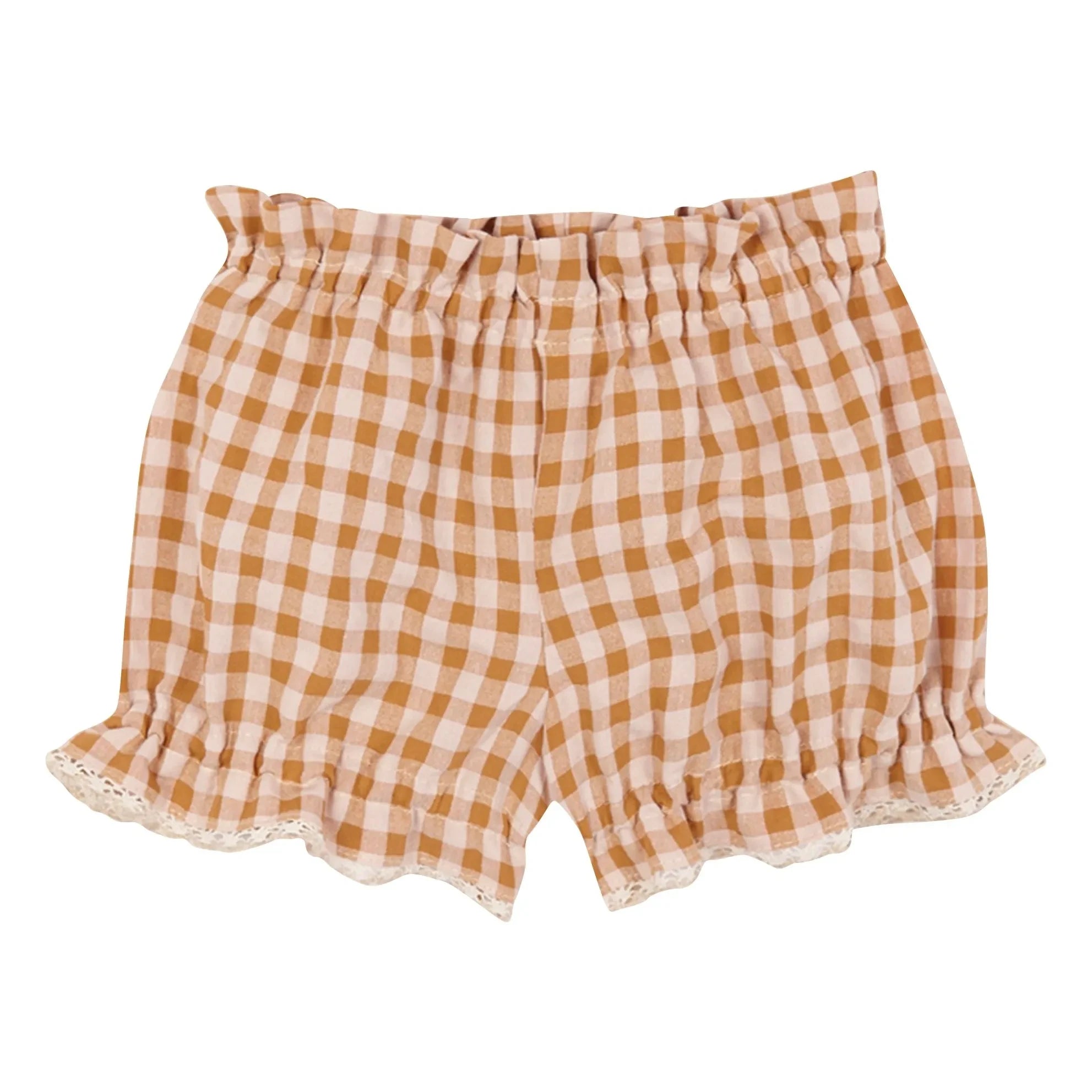 birinit - Organik pamuklu Vichy bluz ve bloomer seti | Karamel